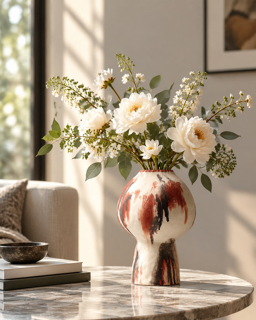 Ivory & Rust Red Organic Brushstroke Sculptural Vase - 11.0"