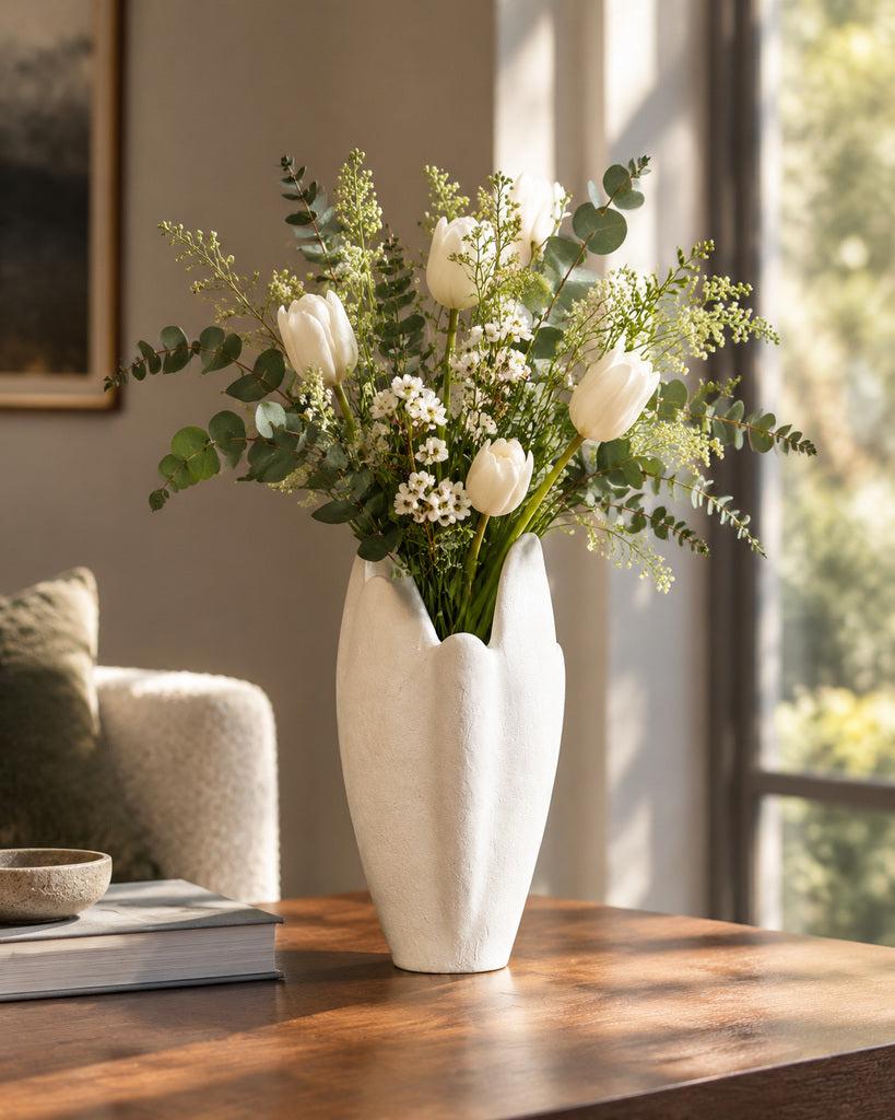 Matte White Petal-Form Sculptural Vase - 10.0"