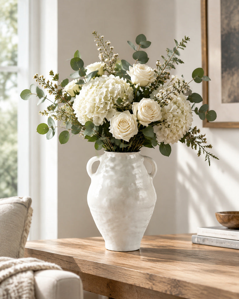 White Double-Handle Textured Ceramic Vase with Black Rim - 9.4"