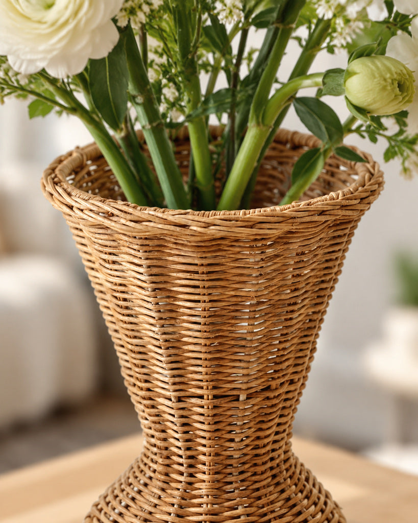 Natural Brown Handcrafted Rattan Hourglass Vase - 11.8"