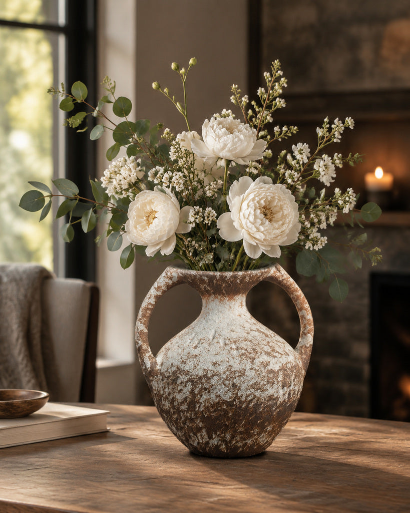 Distressed Frost White Double-Handle Vase - 9.3"