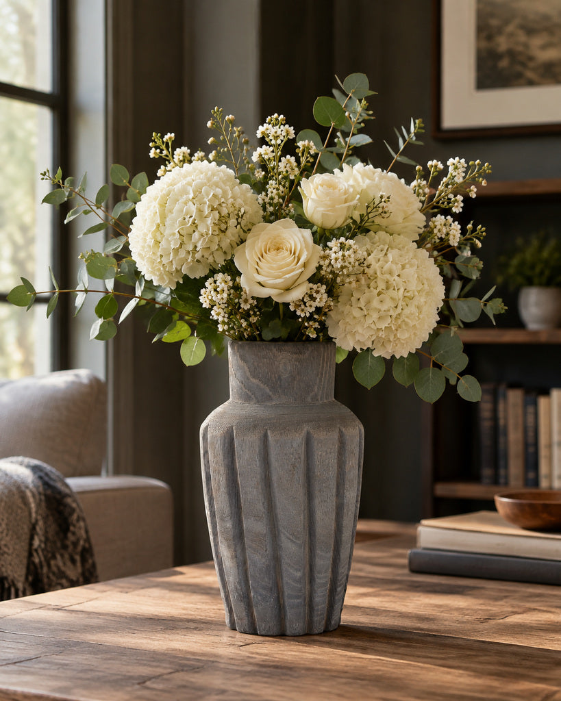 Charcoal Gray Ribbed Handcrafted Wood Vase - 9.1"