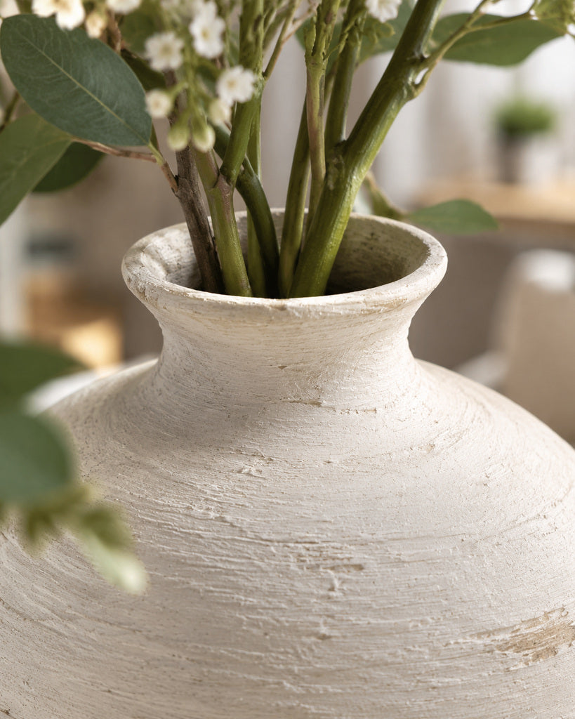 Hand-Glazed Ivory Brush-Textured Sculptural Vase - 8.9"