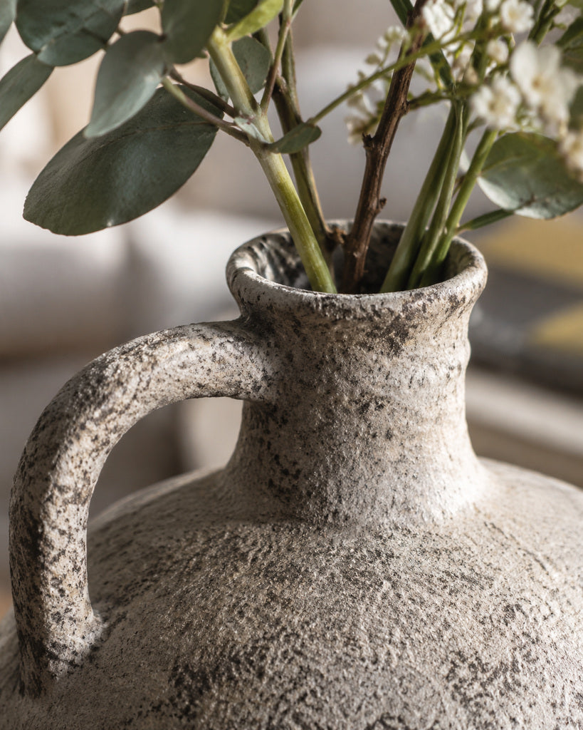 Weathered Ivory Single-Handle Narrow-Neck Earthenware Vase - 14.2"