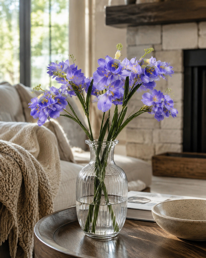 Blue Film-Texture Artificial Freesia Stem - 63 cm