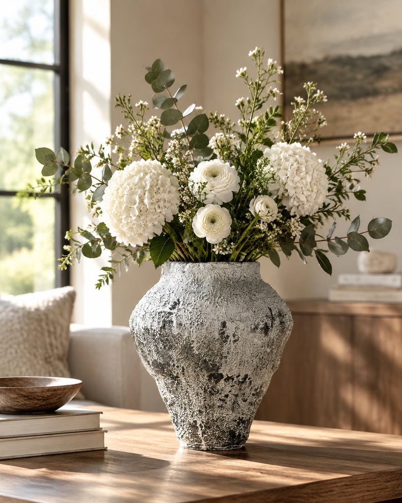 Iron Black & White Wide-Bodied Raised-Texture Vase - 11.4"