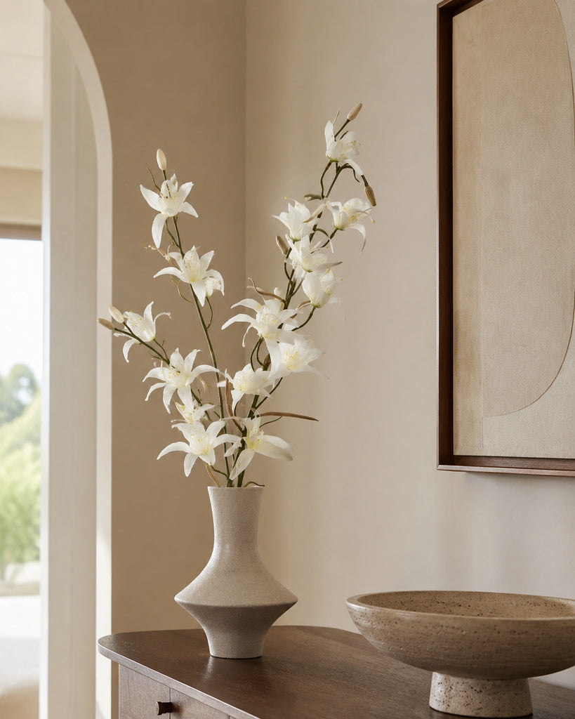 White Fabric Artificial Australian Dendrobium Orchid Stem - 80 cm