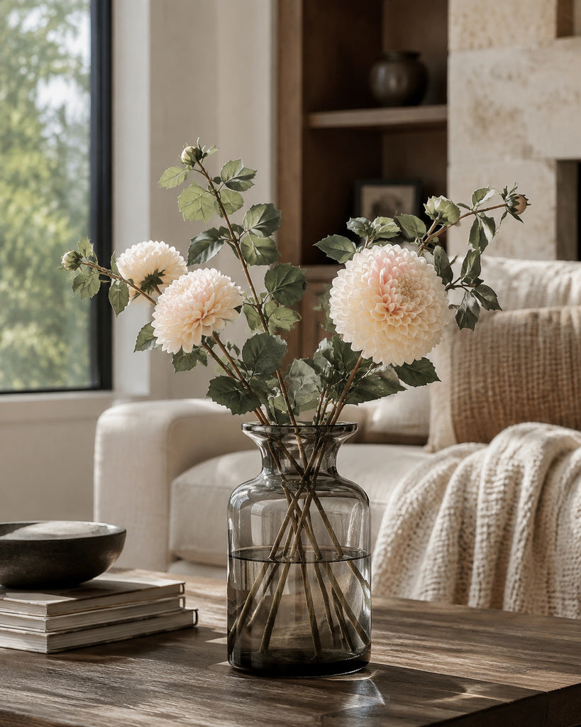 Cream White 2-Head Fabric Artificial Dahlia Stem - 80 cm