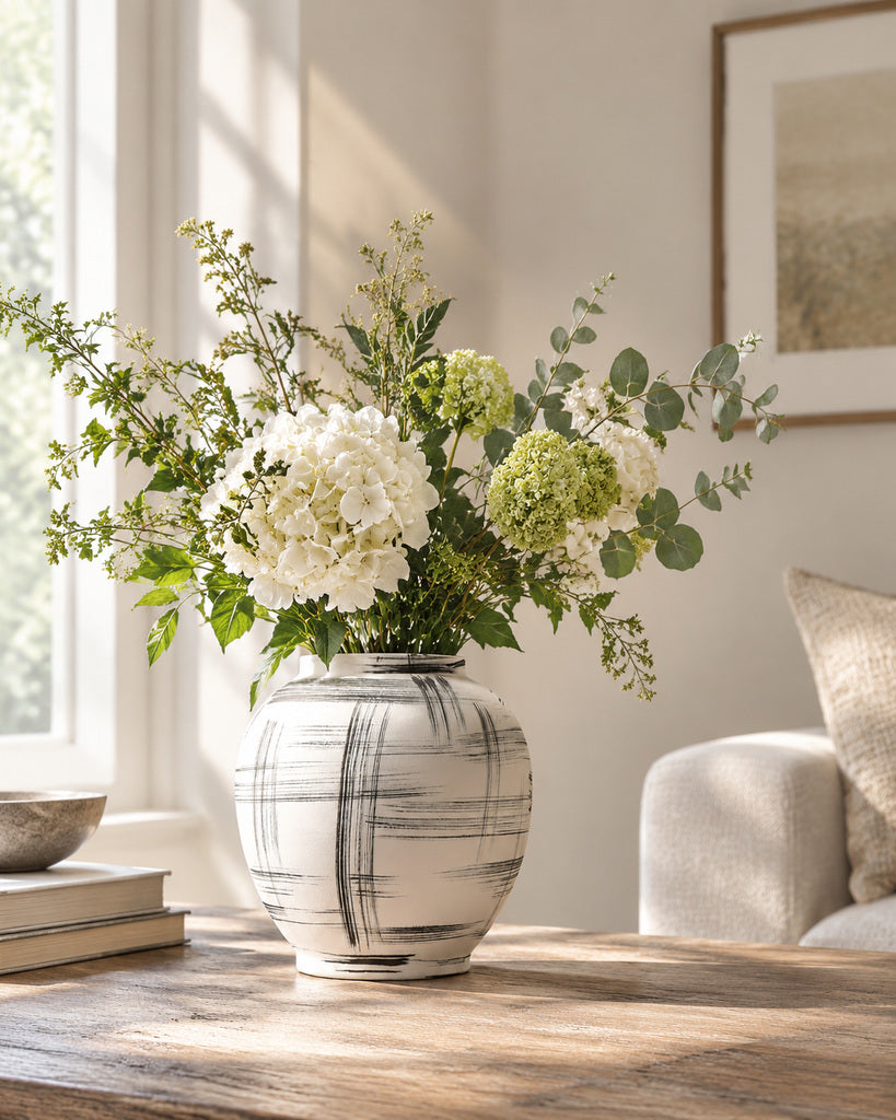 Ivory White & Black Linear Brushstroke Rounded Vase - 10.2"
