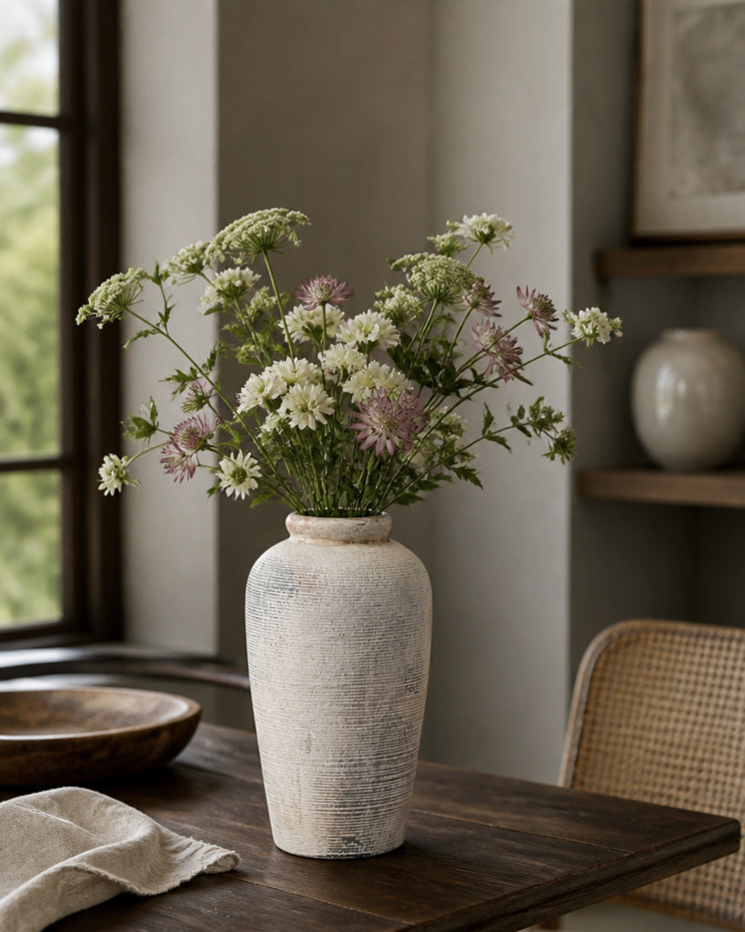 Antique Beige Textured Ceramic Vase - 11"