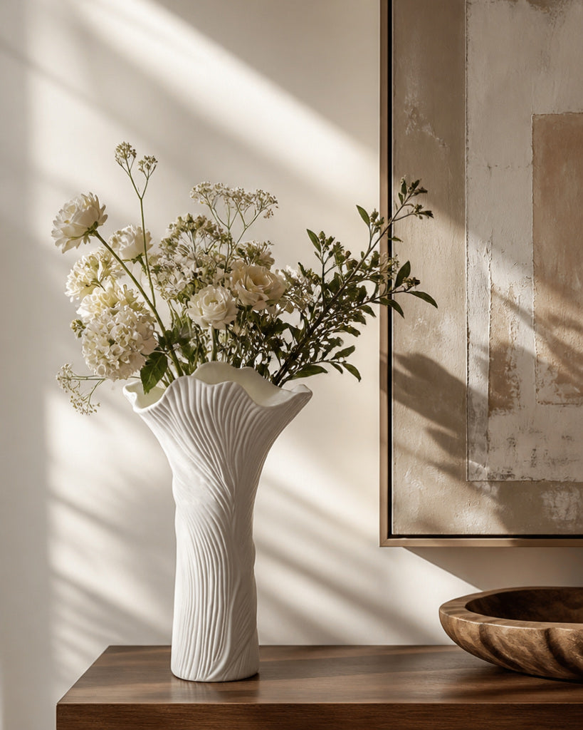 Flowing White Sculptural Ribbed Ceramic Vase - 11"