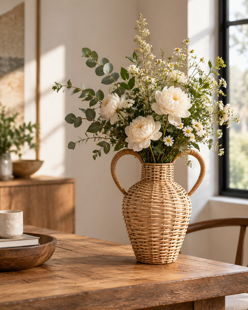 Natural Brown Handcrafted Rattan Double-Handle Vase - 14.2"