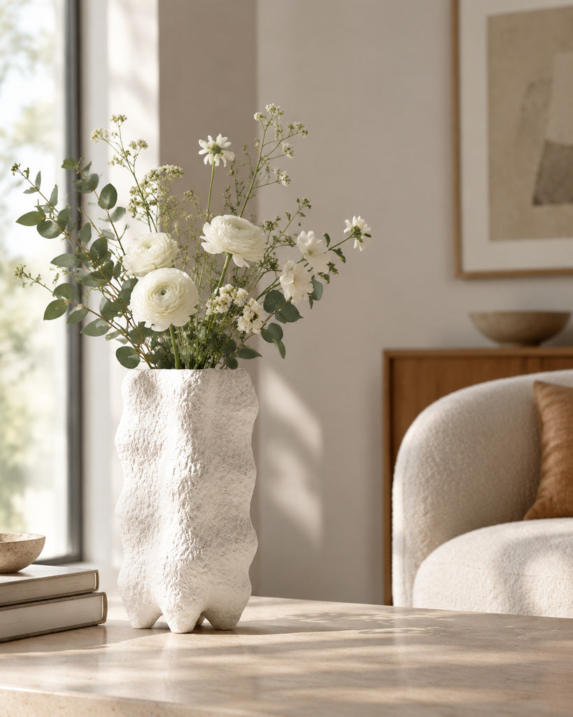 White Rough-Textured Organic Sculptural Vase - 11.7"