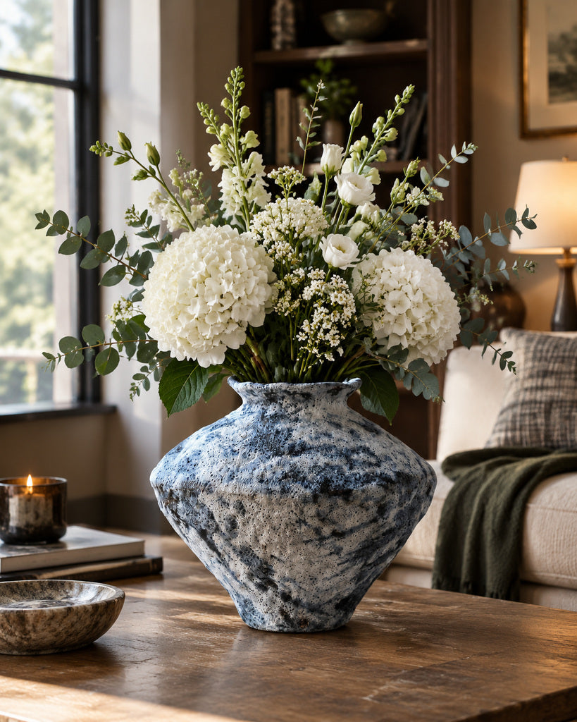 Mottled Blue-Gray Bubble-Textured Ceramic Vase - 9.8"