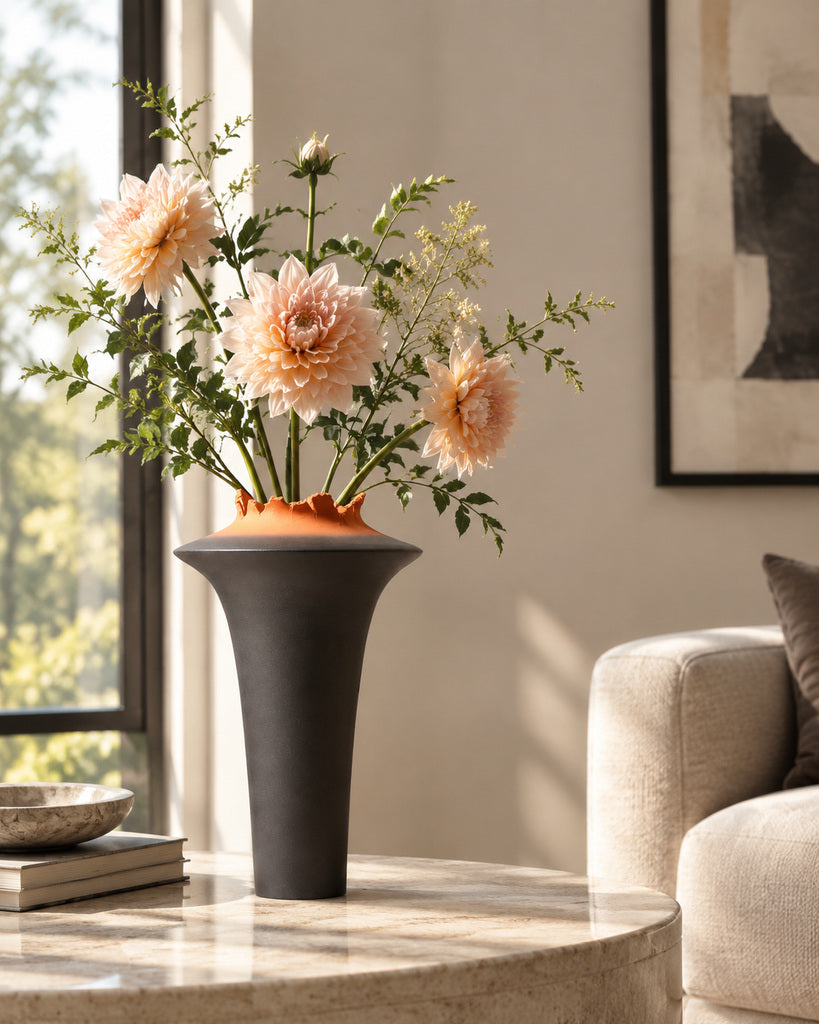 Black & Burnt Orange Jagged-Rim Sculptural Vase - 14.2"