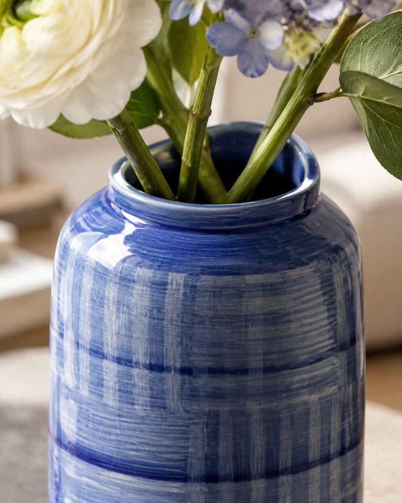 Blue & White Layered Brushstroke Tall Vase - 13.8"