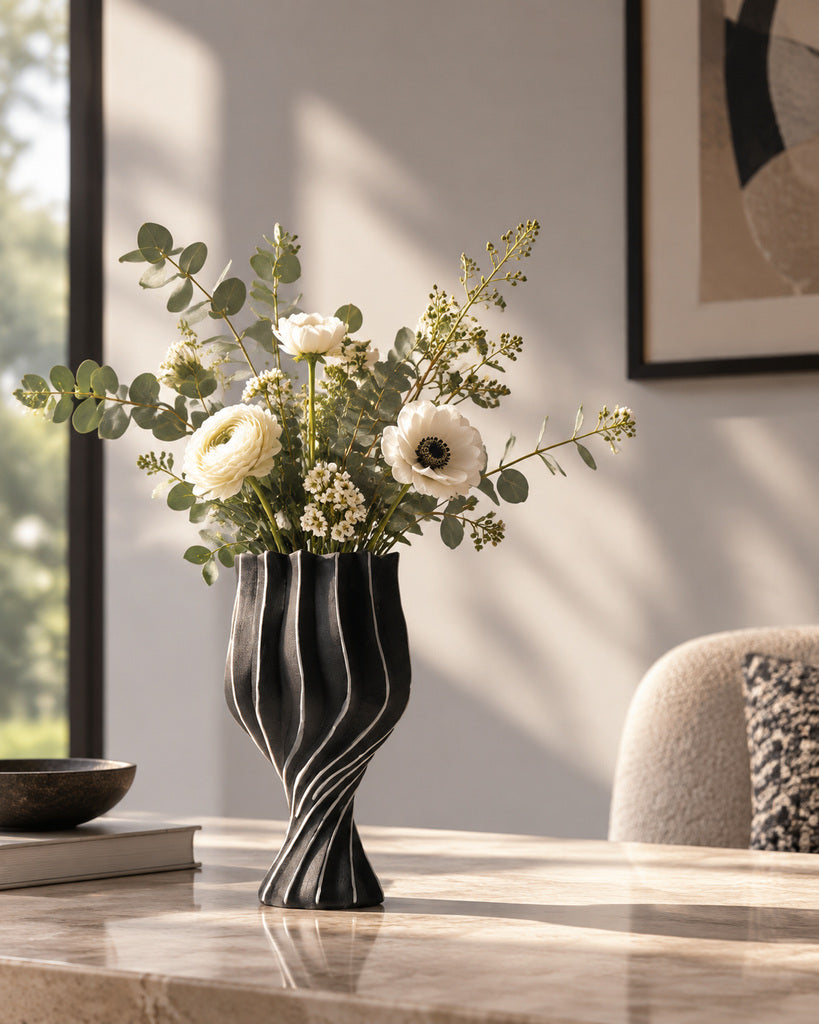Black & White Twisted-Rib Sculptural Vase - 10.2"
