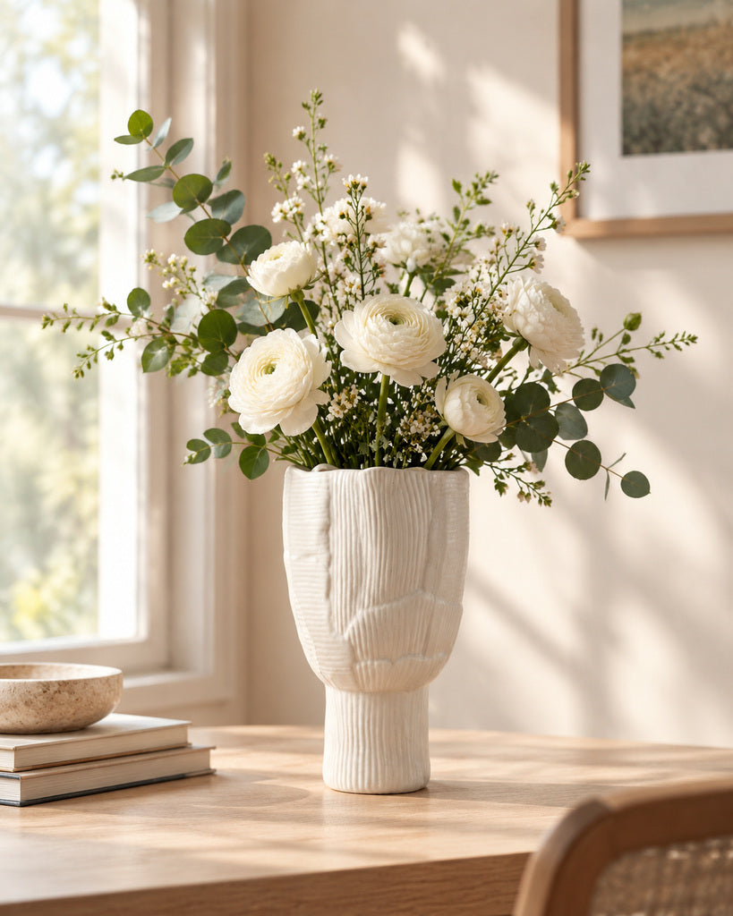 Pure White Organic Ribbed Sculptural Vase - 14.2"