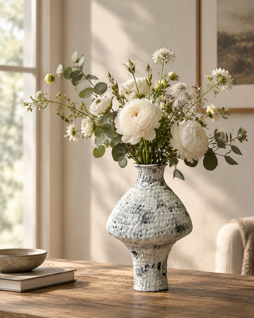 Vintage Distressed White Frost Ceramic Vase - 11.6"