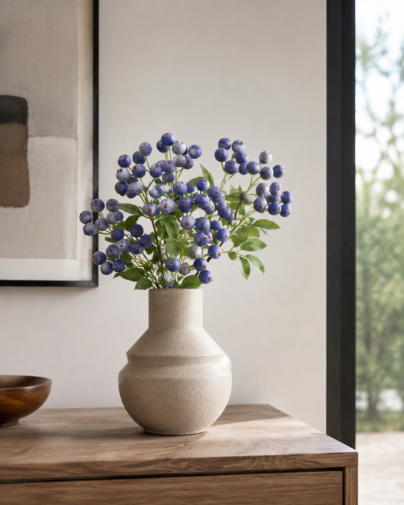 Blue Fabric-Leaf Artificial Blueberry Branch - 36 cm