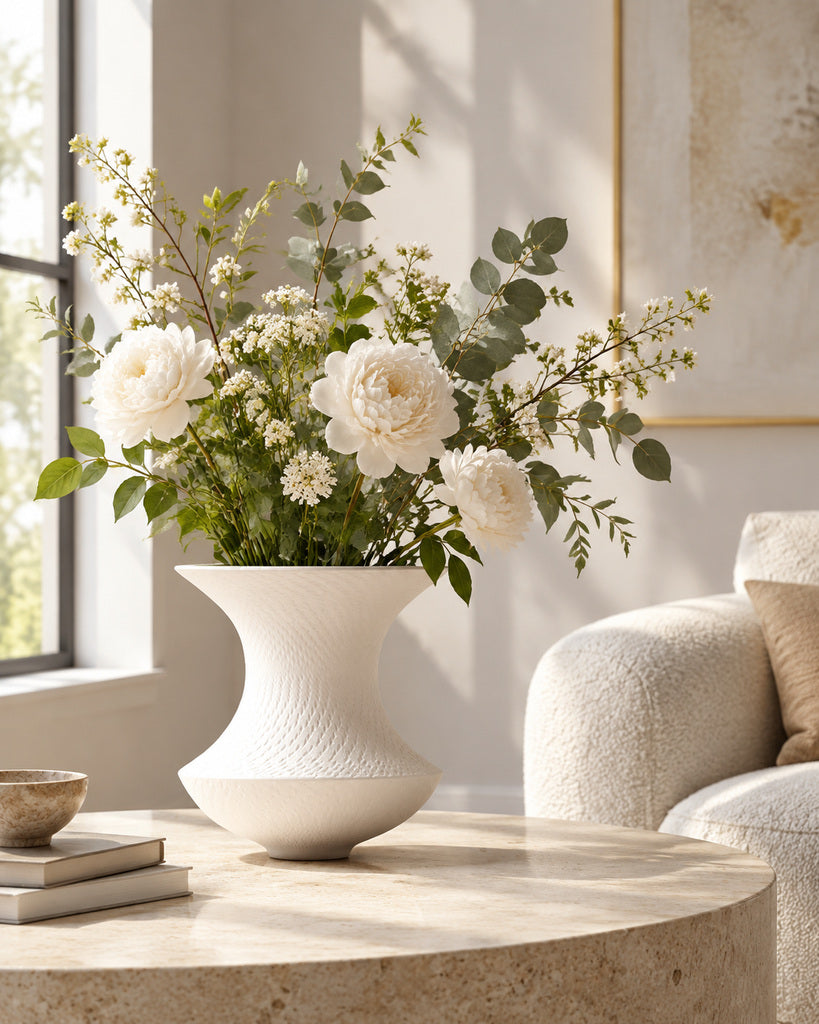 White Hourglass Textured Sculptural Vase - 7.9"