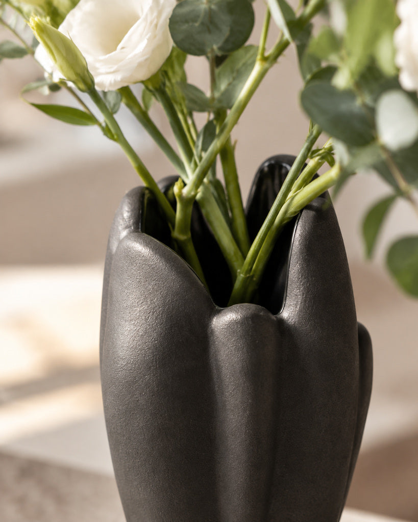 Matte Black Petal-Form Sculptural Vase - 10.0"