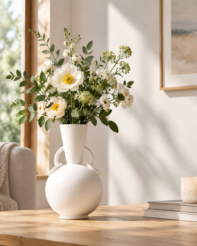 Matte White Double-Handle Rounded Sculptural Vase - 12.0"