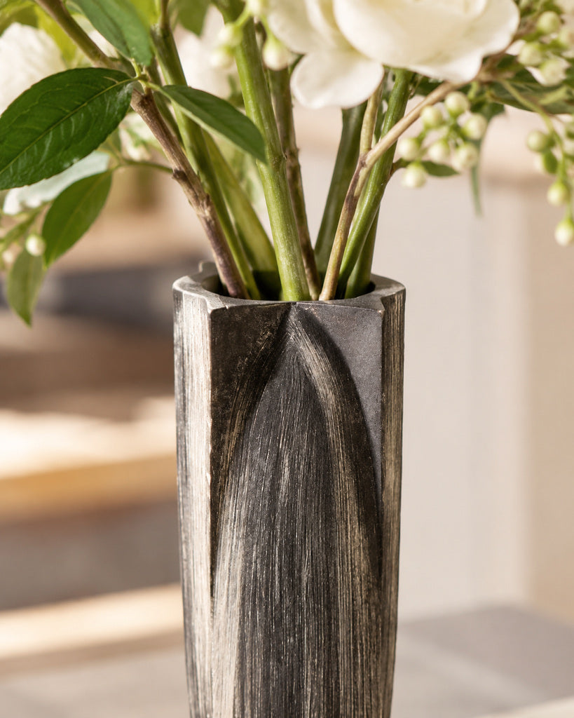Antique Black Brushed Sculptural Vase - 8.3"