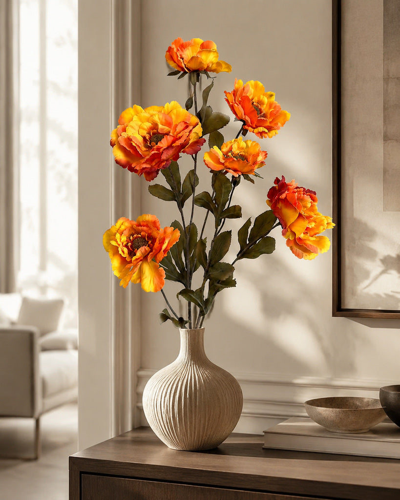 Orange Red Artificial Peony Floral Spray - 82 cm