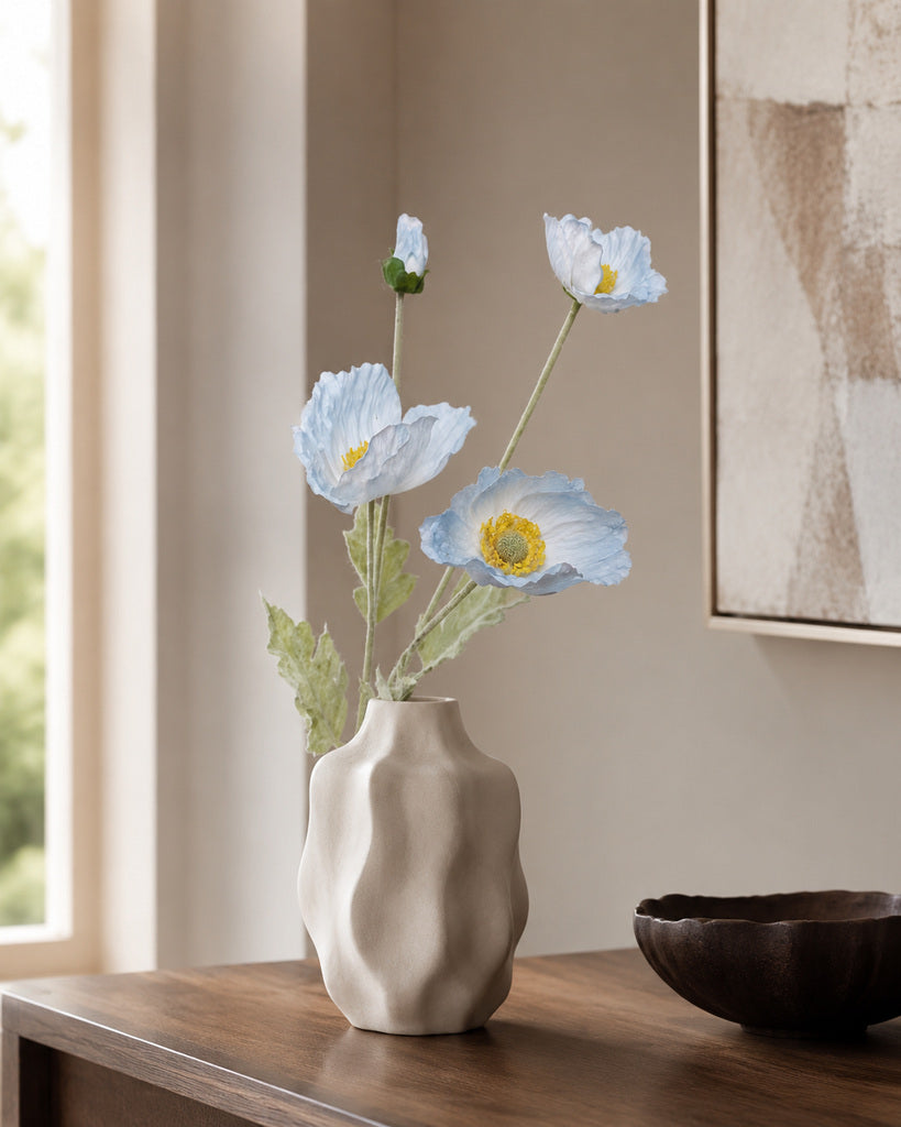 Blue Fabric Artificial Poppy Spray - 64 cm