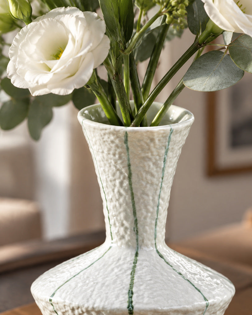Ivory Green-Striped Tall Textured Sculptural Vase - 11.4"