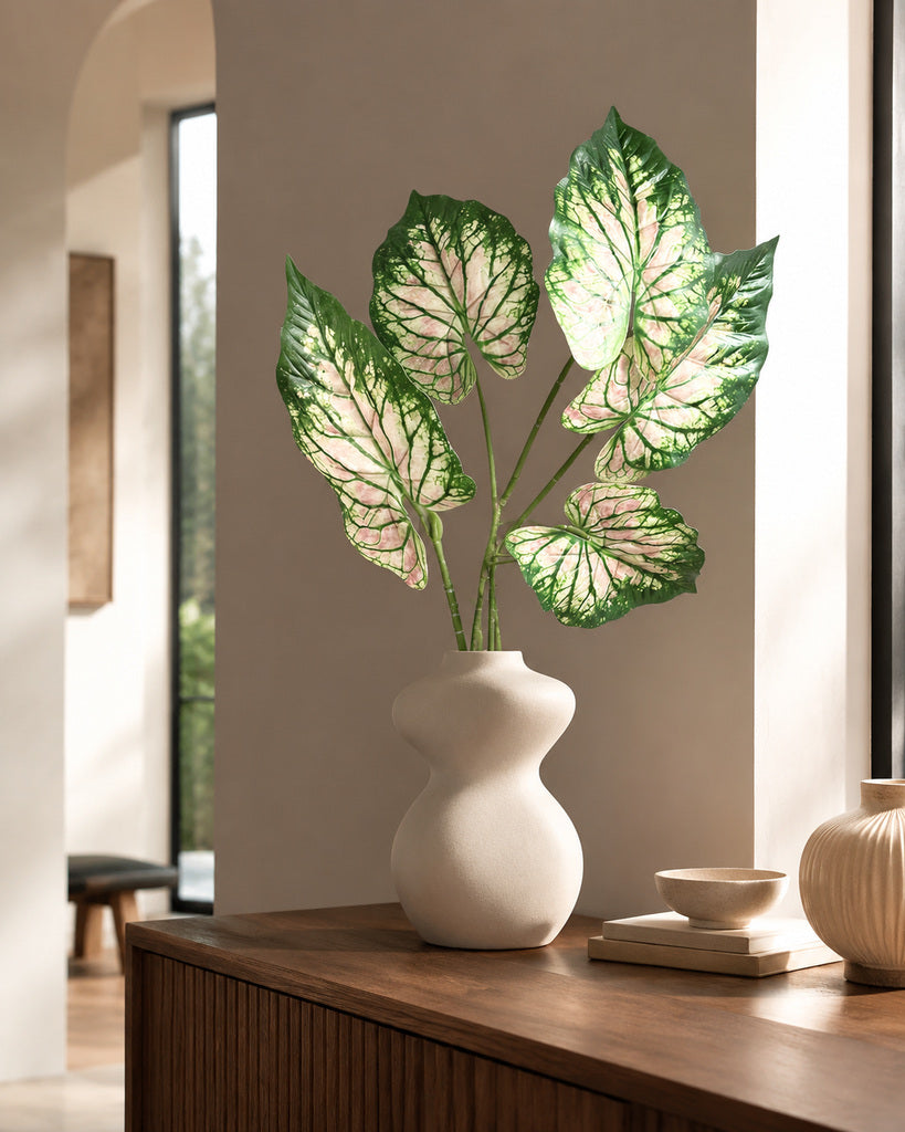 Pink Green Artificial Alocasia Leaf Spray - 70 cm