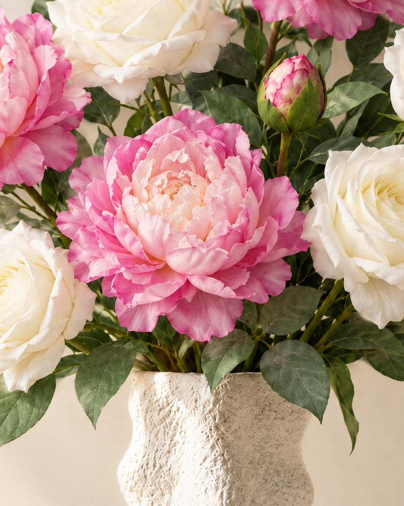 White Juliet Rose & Vintage Purple Peony Faux Flower Bundle – 9 Stems