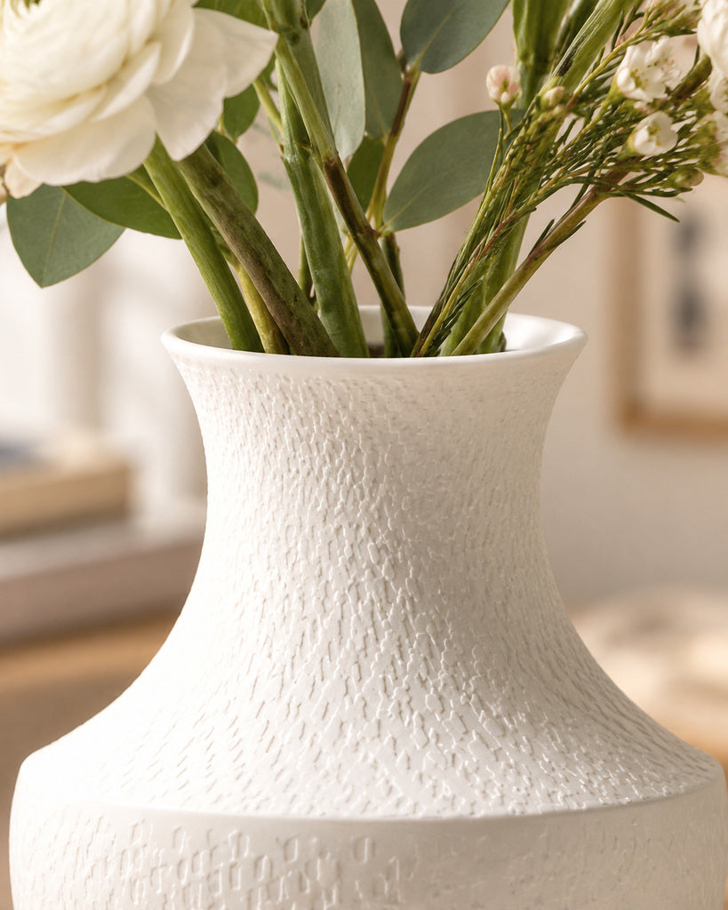 White Wide-Bodied Textured Sculptural Vase - 10.6"