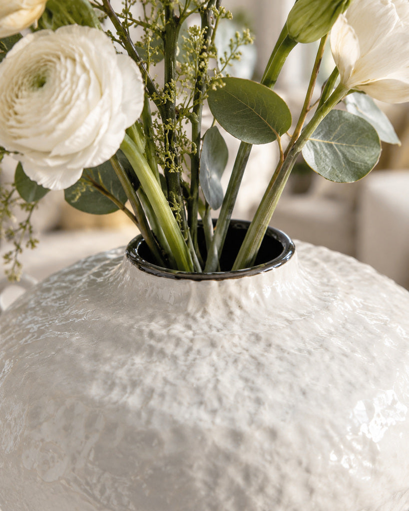 White Wide-Bodied Double-Handle Textured Ceramic Vase with Black Rim - 7.9"