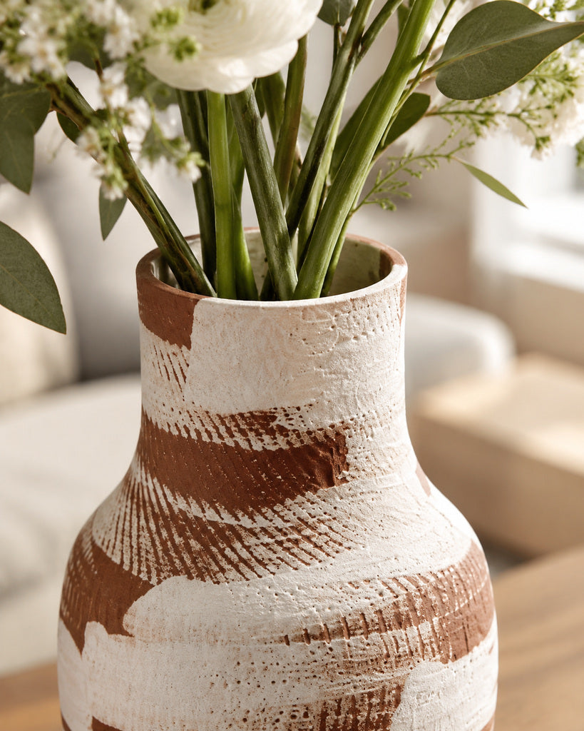 Caramel Brown & White Brushstroke Tall Textured Vase - 12.4"