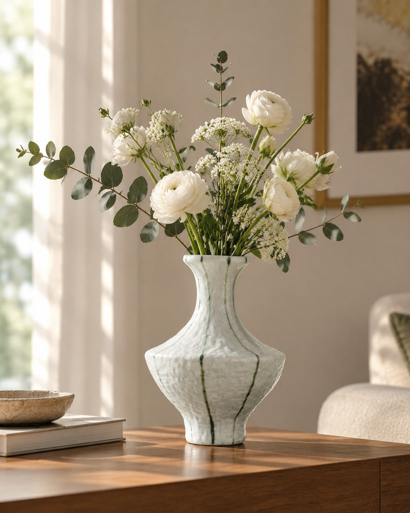Ivory Green-Striped Textured Sculptural Vase - 11.4"