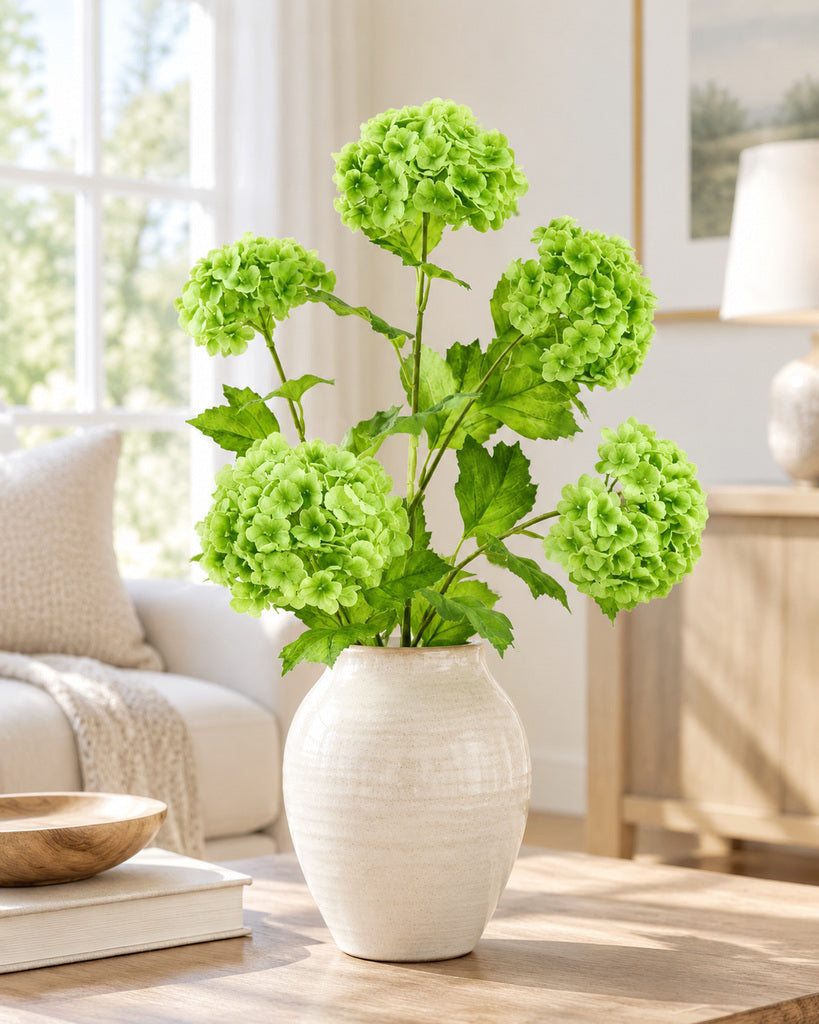 Green 5-Head Soft-Touch Mini Hydrangea Stem - 85 cm