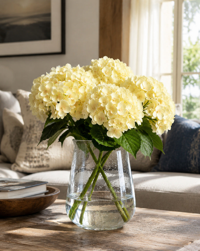 Light Yellow Soft Rubber Artificial Hydrangea Floral Stem - 50 cm