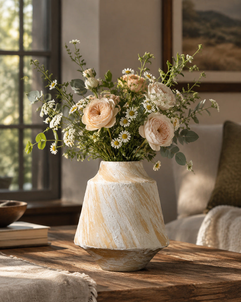 Warm Ivory Brushstroke Textured Sculptural Vase - 7.9"