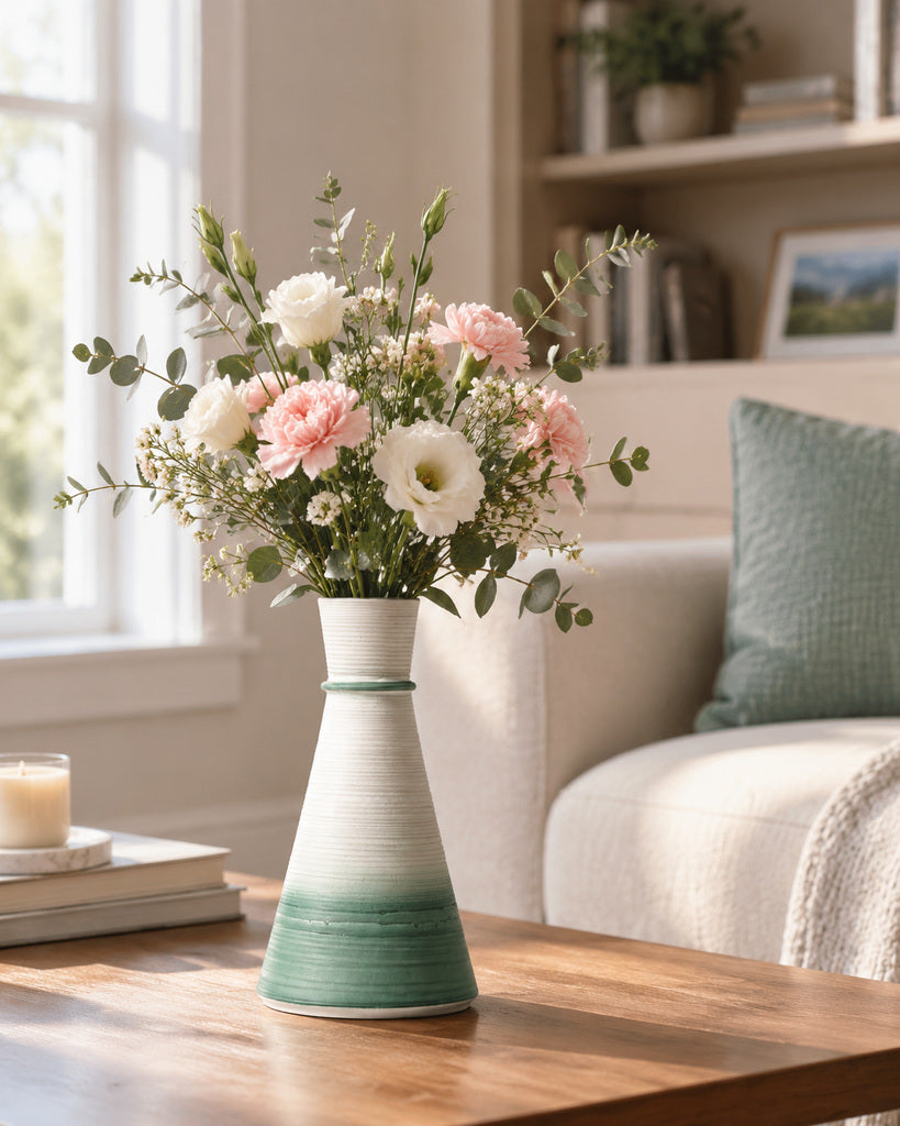 White & Sage Green Ribbed Tapered Sculptural Vase - 10.9"