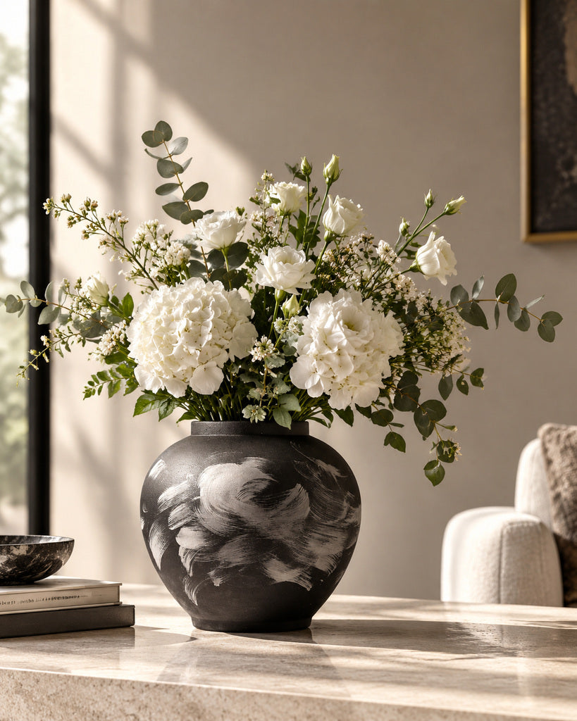 Charcoal Black & White Abstract Brushstroke Rounded Vase - 10.0"
