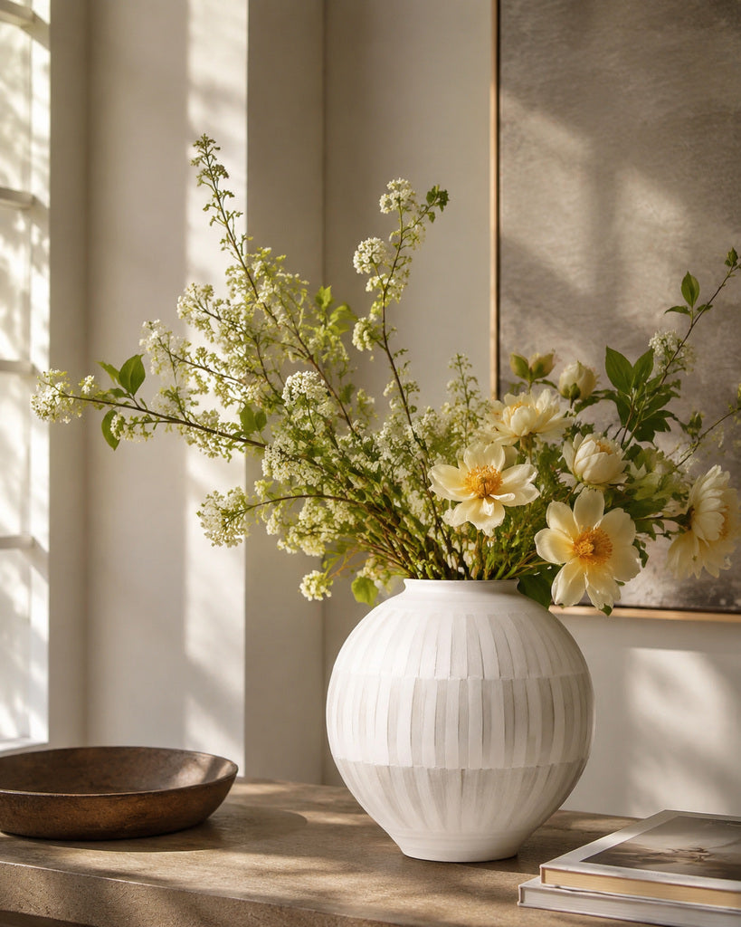 Ivory Round Hand-Painted Ceramic Vase - 10.6"