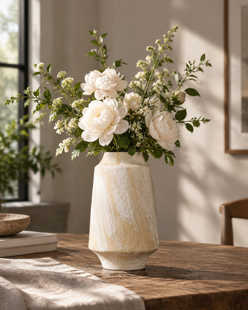 Warm Ivory Brushstroke Textured Tall Vase - 9.8"