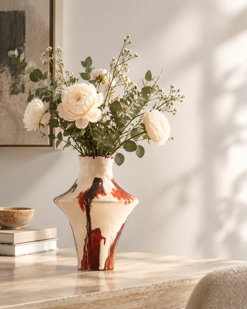 Ivory & Rust Red Angular Brushstroke Sculptural Vase - 10.9"