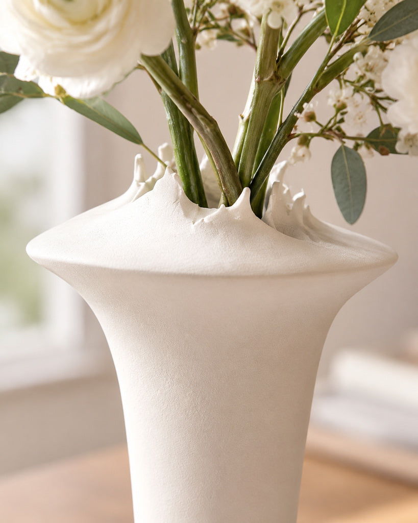 Matte White Jagged-Rim Sculptural Vase - 14.2"