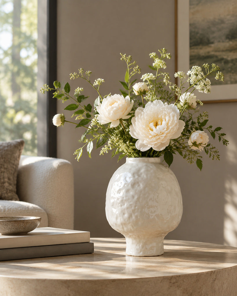 Rice White Stone-Patterned Pedestal Vase - 11.8"