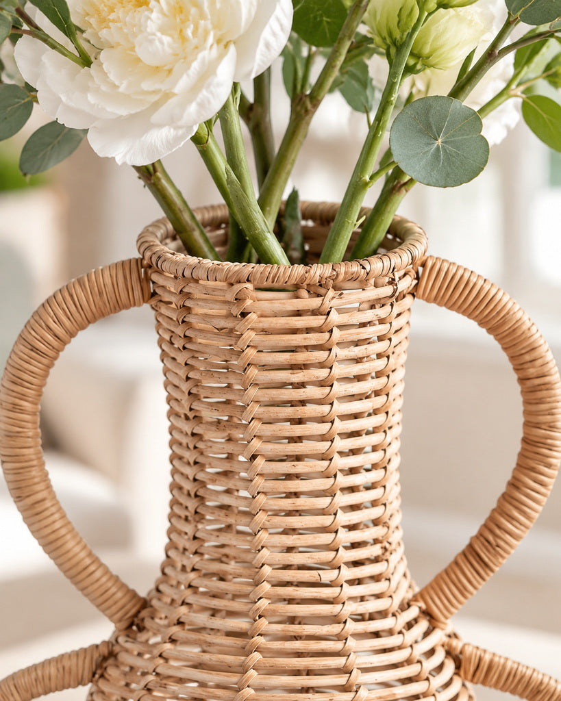 Natural Brown Handcrafted Rattan Four-Handle Vase - 12.2"