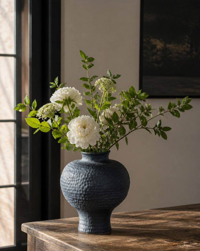 Carbon Black Round Textured Ceramic Vase - 11.8"