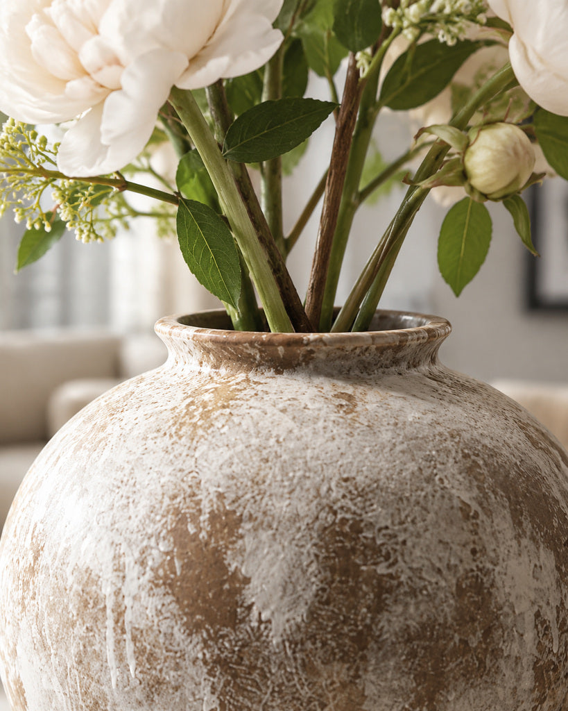 Weathered Taupe & White Wide-Rim Rounded Textured Vase - 11.2"
